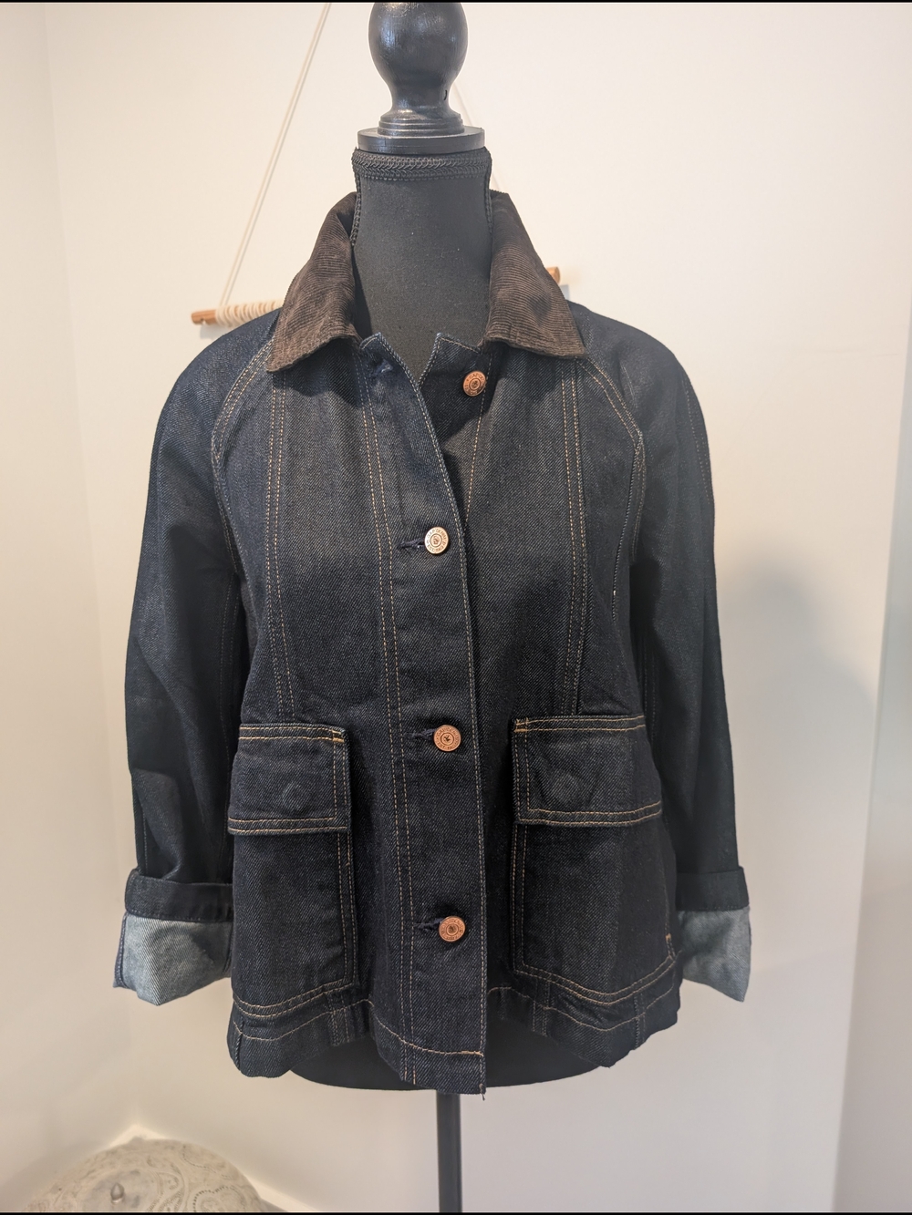 GAP Dark Indigo Denim Barn Jacket with Brown Corduroy Collar